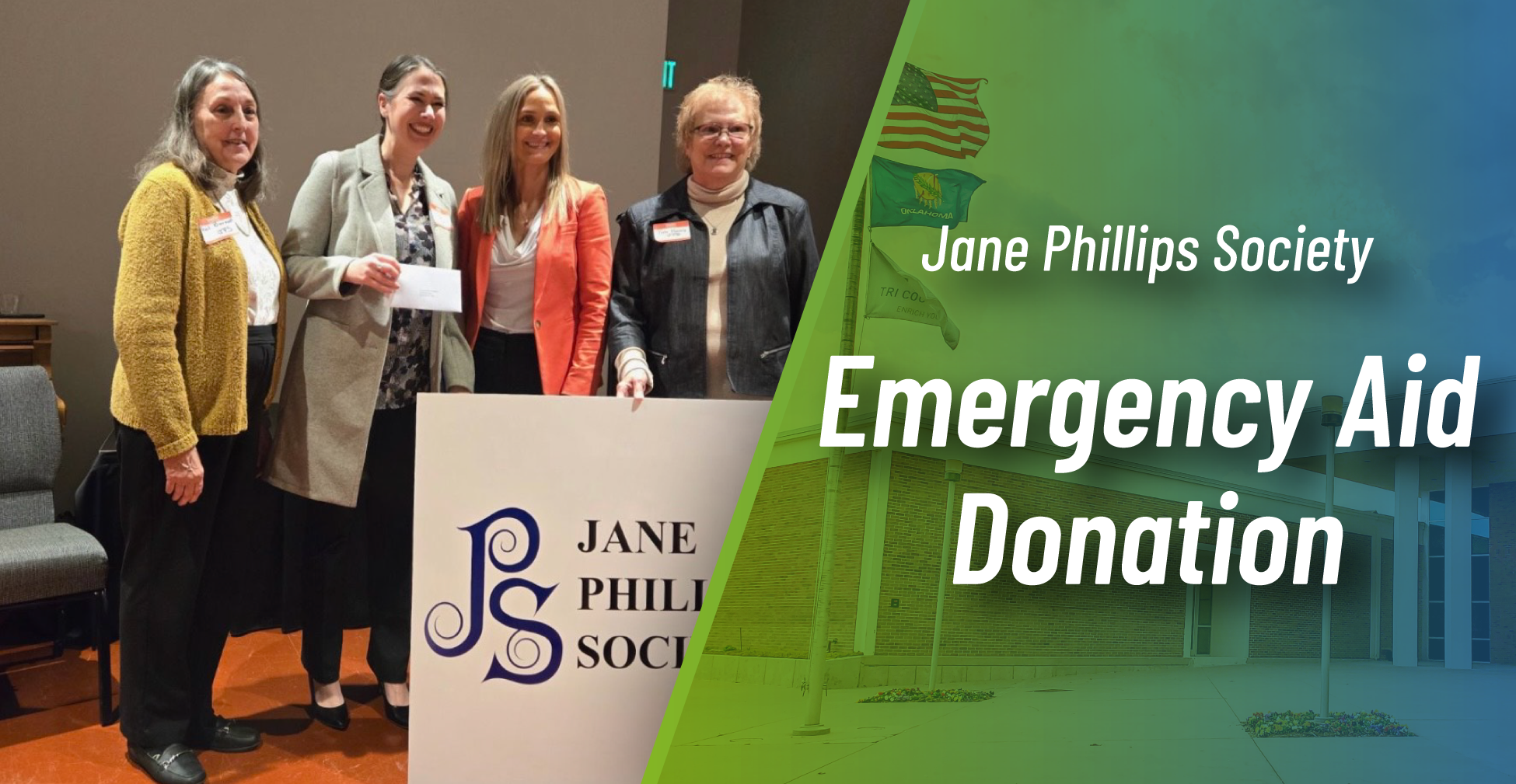 Picture of Tri County Tech Foundation staff receiving a donation from the Jane Phillips Society in Bartlesville